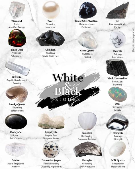 Lover Artwork, Crystal Planet, Crystal Healing Chart, Crystals Healing Properties, Black Stones, White Stones, Crystal Healing Stones, Crystal Magic, White Crystals