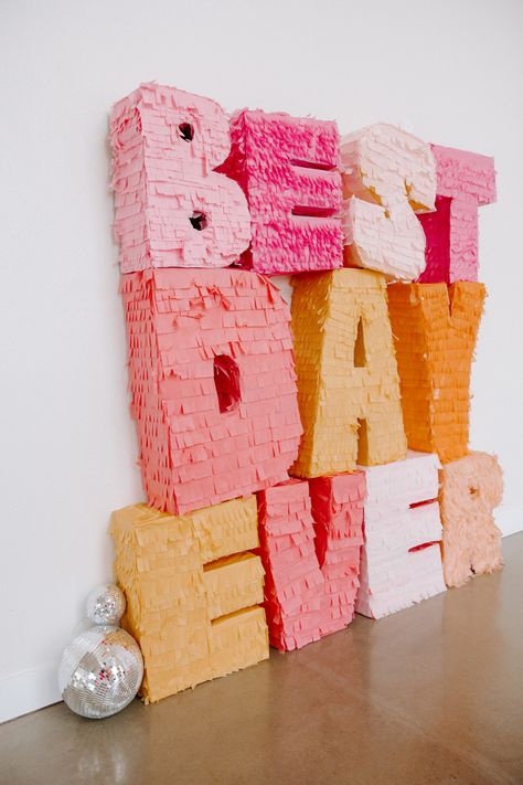 Best Day Ever Pinata, Giant Fringe Letters, Bright Color Party, Wedding Decor Colorful, Bridal Shower Colorful, 2024 Event Trends, Banquet Decor, Colorful Party Ideas, Pink And Orange Party Decor