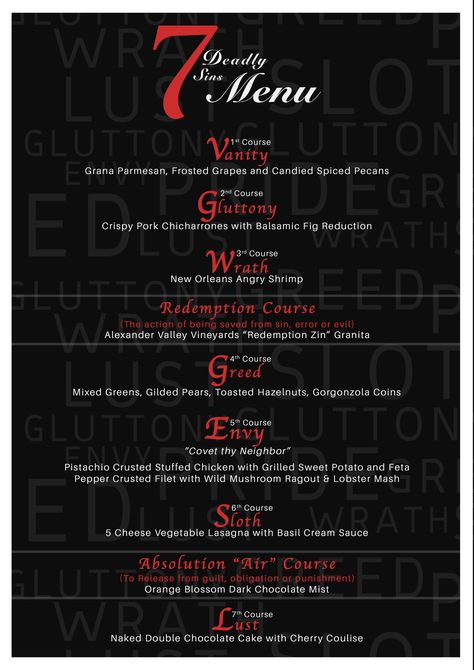 7 Deadly Sins Party, Gothic Dinner Party, Gothic Dinner, 7 Course Meal, Happy Hollow, Mystery Dinner Party, Party Theme Ideas, Halloween Menu, Halloween Party Dinner