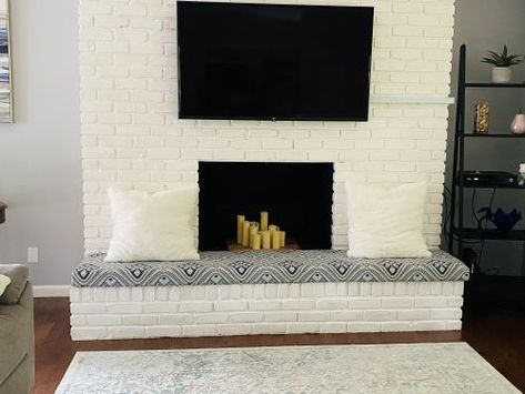 Fireplace Bench Cushion | Customer Photo Fireplace Hearth Seating Ideas, Fireplace Hearth Cushion, Fireplace Seat Cushion, Fireplace Seating Cushion, Diy Fireplace Bench, Hearth Cushions Fireplaces, Fireplace Bench Ideas, Fireplace Bench Seat, Fireplace Cushion Seat Diy