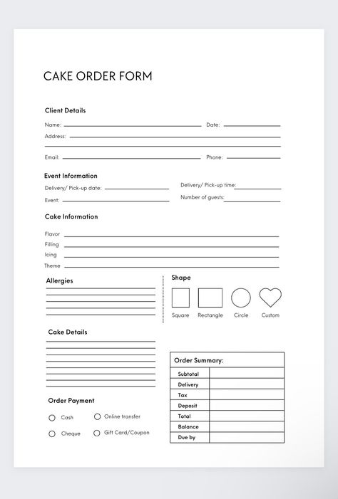 Cake Studio Ideas Home, Bakery Planner, Cake Order Form Template, Cake Business Plan, Cake Station, Baking Hack, Menu Cake, Cake Order Form, Bakery Theme