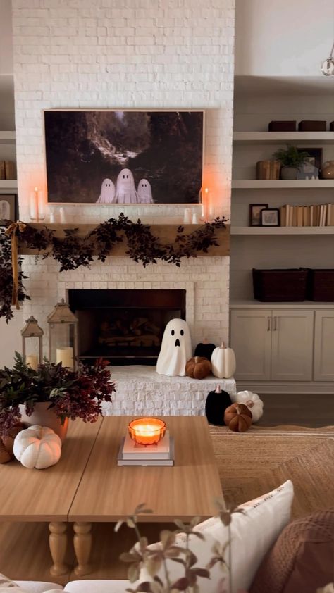 Plum Cimicifuga Seeded Garland - 6' curated on LTK Fireplace Decor With Shelves, Cute Fireplace Decor, Fall Built In Decor, Halloween Decor For Mantel, Halloween Accent Wall, Halloween House Decorations Living Room, Boho Halloween Decor Living Room, Pumpkins In Fireplace, Nancy Meyers Halloween