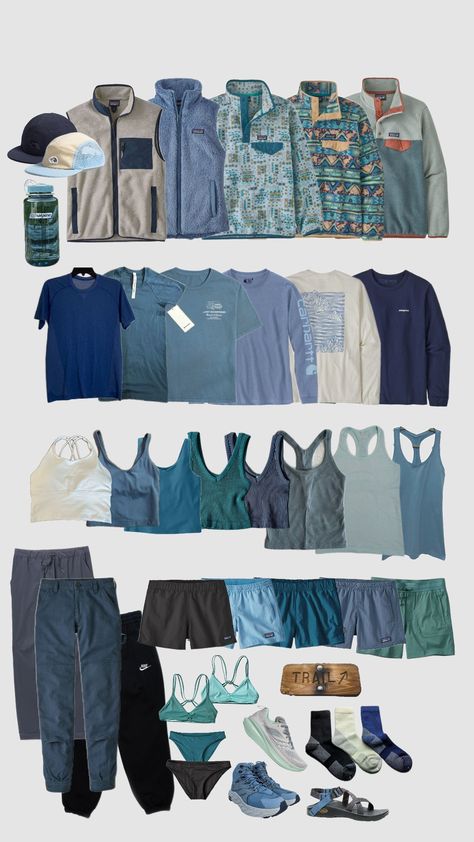 blue #outfit #outdoors #granolagirl #granola #style #styleinspo #capsule #patagonia Camping Summer Outfits For Women, Blue Hiking Outfit, Salted Granola Outfits Aesthetic, Granola Accessories, Granola Girl Amazon Finds, Granola Girl Outfits Aesthetic, Camp America Outfits, Granola Girl Accessories, Summer Granola Girl Outfits