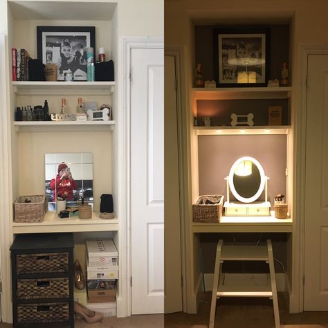 Transformed a small alcove in between wardrobes to make a dressing table. Closet Vanity Ideas, Diy Dressing Tables, Built In Dressing Table, Alcove Desk, Bedroom Alcove, Alcove Ideas Living Room, Dressing Table Lights, Alcove Cupboards, Closet Redo