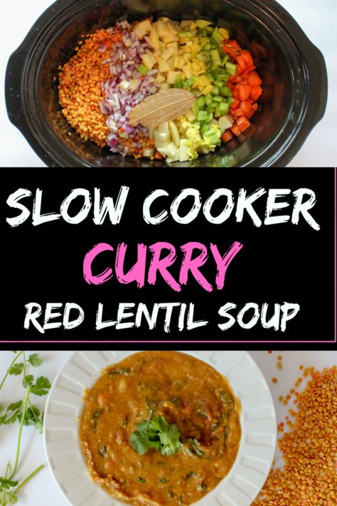 Red Lentil Curry Soup, Slow Cooker Lentil Soup, Slow Cooker Curry, Vegan Crockpot Recipes, Vegan Crockpot, Soup Chili, Slow Cooker Lentils, Vegan Slow Cooker, Vegan Lentil Soup