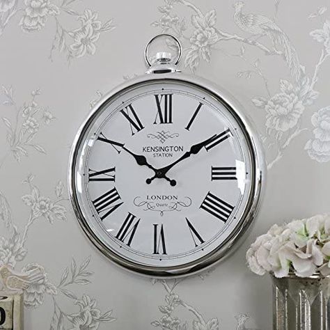 Large 42cm Round Copper Roman Numeral Pocket Watch Kensington Station Wall Clock : Amazon.co.uk: Home & Kitchen Large Round Wall Clock, Retro Decor Style, Silver Wall Clock, Vintage Retro Decor, Unique Wall Clock, Contemporary Wall Clock, Rose Byrne, Silver Wall, Retro Wall Clock