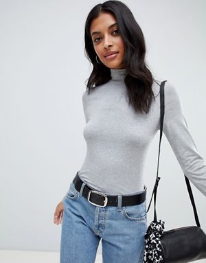 ASOS DESIGN turtleneck long sleeve top in gray Grey Turtle Neck Outfit, Gray Turtleneck Outfit, Shaggy Faux Fur Coat, Gray Turtleneck, Turtleneck Outfit, Asoebi Styles, Grey Turtleneck, Turtleneck Long Sleeve, Fall Capsule Wardrobe