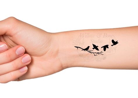 Silhouette Birds on Branch Temporary Tattoo Flying Black - Etsy Small Bird Silhouette Tattoo, Bird And Branch Tattoo, Sibling Bird Tattoos, Black Bird Tattoos For Women, Mama Bird Tattoo, Small Birds Flying Tattoo, Be Free Tattoo Ideas, 4 Birds Tattoo, Bird On Branch Tattoo