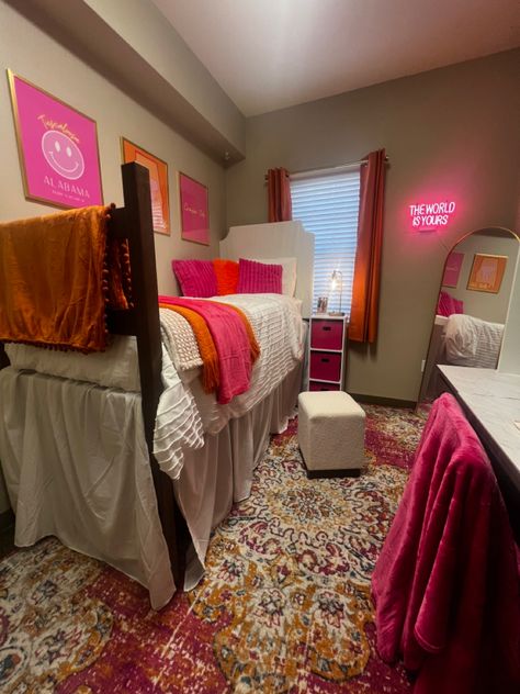 My freshman dorm at the university of alabama Bright Dorm Room Ideas, Pink Dorm Ideas, Orange Dorm Room Ideas, Dorm Room Inspo Pink, College Dorm Pink, Pink And Orange Dorm Room, Pink And Orange Dorm, Orange Dorm Room, Boho Dorm Room Ideas