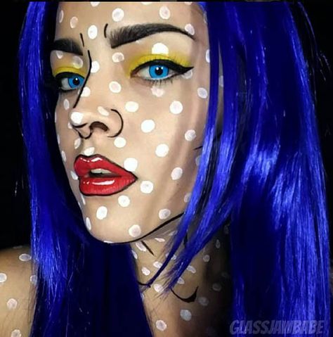 Pop Art Halloween Costume, Comic Book Makeup, Pop Art Costume, Pop Art Face, Pop Art Makeup, Halloween Makeup Diy, Face Paint Makeup, Face Art Makeup, Halloween Makeup Inspiration