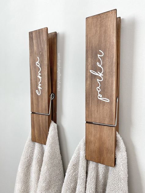 Jumbo Clothespin Bathroom Towel Holder, One 12” large clothespin, laundry decor, farmhouse bathroom decor, personalized gift, Towel Hook Bathroom Towel Holder, Displaying Kids Artwork, Towel Holder Bathroom, Laundry Decor, Dark Walnut Stain, Kids Artwork, Farmhouse Bathroom Decor, Bathroom Towel, Handmade Gift Wrap