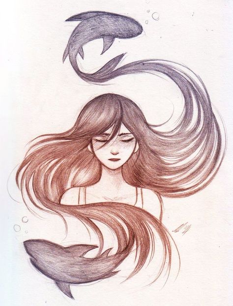 Inner Thoughts; II | andythelemon A Drawing, Dolphins, A Girl, To Draw, Long Hair, Fish, Water, Hair, Art