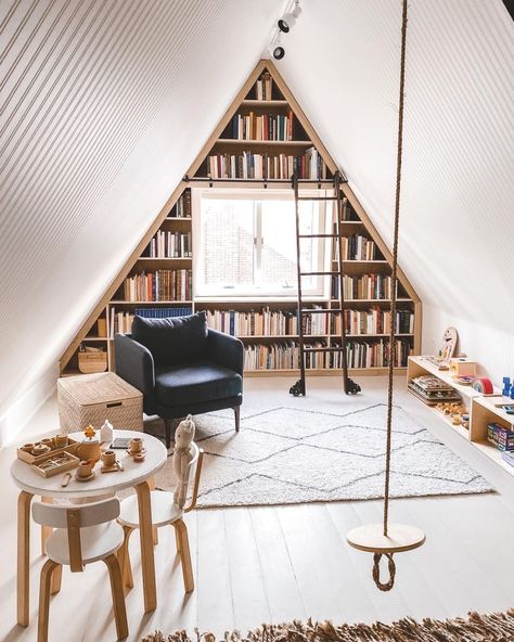 Attic Room Ideas, Loft Playroom, Attic Library, West Elm Furniture, Attic Makeover, Attic Office, Finished Attic, Attic Playroom, Attic Loft