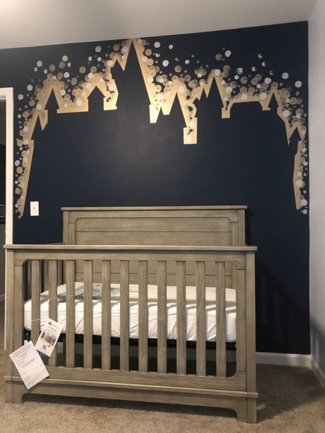 Harry Potter Wall Mural, Harry Potter Crib, Hogwarts At Night, Harry Potter Baby Nursery, Harry Potter Themed Nursery, Painted Nursery, Nursery Color, Harry Potter Castle, Nursery Color Scheme