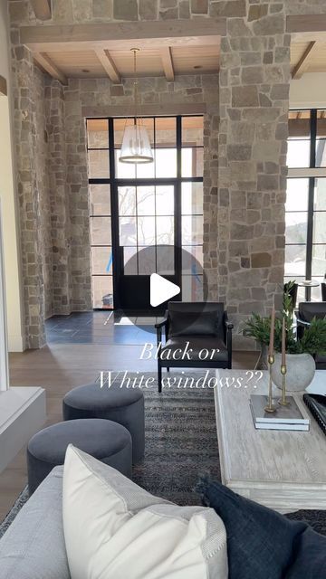 Becki Owens on Instagram: "What’s your preference - black windows or white?? I love all the black gridded windows in our #threefallsproject. 

Build @splitrockcustomhomes and @grovehomesutah 
Arch @stevetiek" Interior Black Windows, Gridded Windows, Becki Owens Design, Black Windows Exterior, Lake House Exterior, Black Window Frames, Lake Houses Exterior, Dark Windows, California Ranch