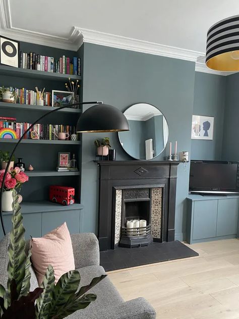 Alcove Ideas Living Room, Log Burner Living Room, Terrace Living Room, Teal Living Rooms, Victorian Living Room, Dark Living Rooms, Living Room Renovation, Living Room Decor Fireplace, Cosy Living Room