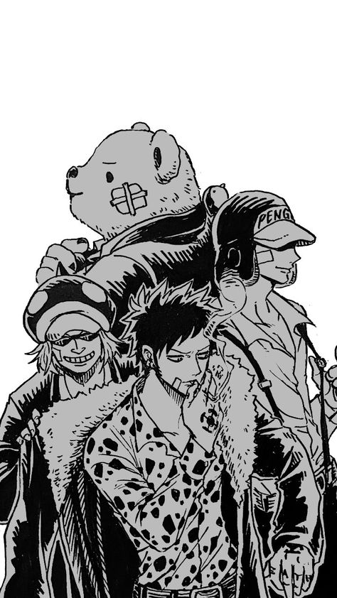 Heart Pirates Trafalgar D Water Law Bepo Shachi Penguin One Piece Heart Pirates Fanart, Law Trafalgar Fanart, Heart Pirates Wallpaper, One Piece Shachi, Heart Pirates One Piece, Shachi One Piece, One Piece Heart Pirates, Bepo One Piece, Penguin One Piece