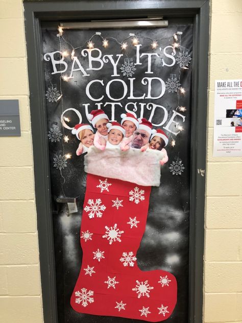 December Daycare Door, Winter Holidays Classroom Door, Door Christmas Decorations Contest, Classroom Decor Door Christmas, Christmas Door Toddler Room, Decorated Doors For Christmas At Work, Baby Its Cold Outside Door Decorating, Christmas Door For Daycare, Class Door Decorations Christmas