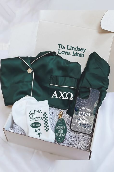 Green Pajamas Gift Box: Alpha Chi Omega-Themed Sorority Swag Bag, Sorority Senior Gifts, Little Sorority Baskets, Sorority Big Little Baskets Ideas, Alpha Chi Omega Merch, Big Little Basket Theme, Axid Sorority, Big Little Baskets, Greek Merch