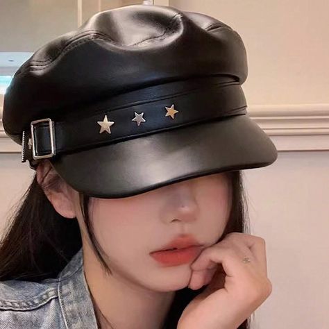 Butter Soft Pu Vintage Style Leather Biker Hat * Black * Silver Star Appliqus * Vintage Style * Pu Leather * 100% Polyester * One Size: 56-58cm (22-22.8") Biker Hats For Women, Cute Beret Hats, Biker Hat Outfit, Fancy Hats For Women, Head Accessories Fashion, Aesthetic Hats Vintage, Biker Outfit Women, Leather Hat Outfit, News Boy Hat Outfit Women