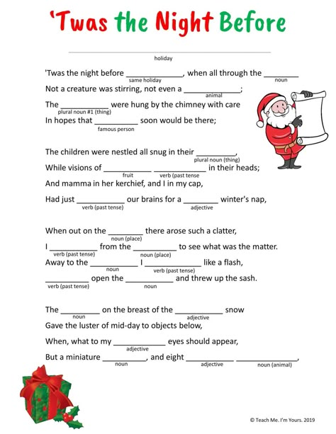 This Christmas Mad Libs printable is a great way to have some fun with your language arts this holiday season. Twas the Night Before Christmas gets a whole new spin in this fun parts of speech activity! Free Mad Libs, Free Printable Mad Libs, Funny Mad Libs, Mad Libs Printable, Christmas Mad Libs, Parts Of Speech Activities, Twas The Night Before Christmas, Christmas Writing, Christmas Worksheets