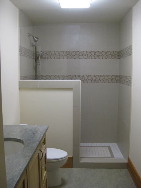 Wetroom Bathroom, Half Wall Shower, Showers Without Doors, Small Shower Remodel, Doorless Shower, Sink Toilet, Small Bathroom With Shower, Pony Wall, Bilik Air