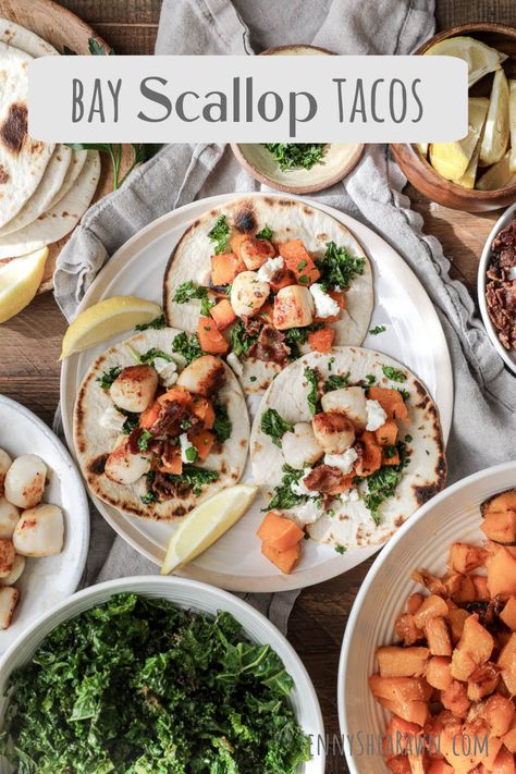 Scallop Tacos, Bay Scallop Recipes, Scallops Salad, Bay Scallops, Queso Fresco Cheese, Crispy Kale, Healthy Tacos, Scallop Recipes, Roasted Squash