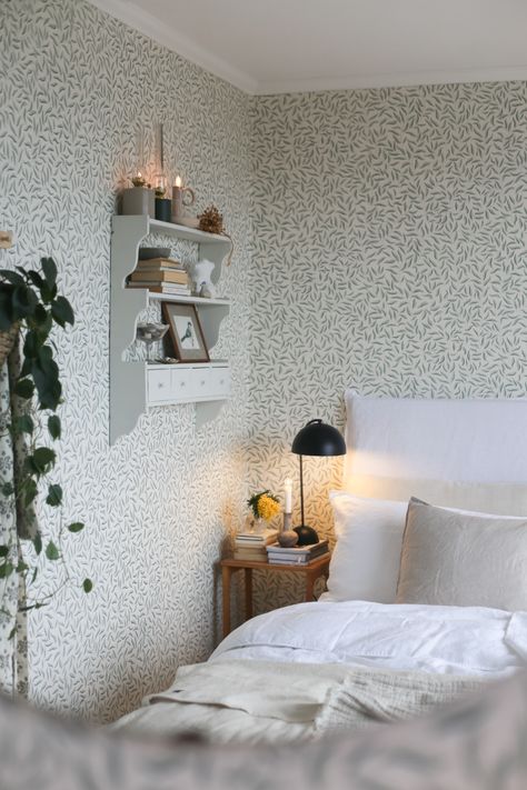 my scandinavian home: Before and After: Our Swedish Summer Cottage Bedroom Make-over Swedish Cottage Bedroom, Wallpaper Ideas For Bedroom, Swedish Wallpaper, Attic Makeover, Simple Headboard, White Linen Curtains, My Scandinavian Home, Swedish Summer, Swedish Cottage