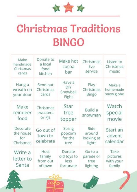 Christmas Traditions BINGO - Free Printable Bingo Cards and Games Christmas Bingo For Adults, Church Poems, Bingo Printable Free, Funny Christmas Party Games, Christmas Bingo Printable, Christmas Eve Games, Printable Bingo Cards, Free Printable Bingo Cards, Fun Christmas Party Games