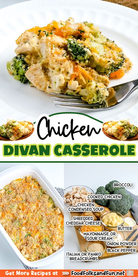 Chicken Divan casserole is comfort food at its best! This quick and easy casserole has layers of chicken and broccoli in a creamy sauce that is then topped with a crispy butter topping. Oh my! Chicken Casserole Recipes With Bread Crumbs, Chicken Divan Casserole Recipes, Divan Chicken Broccoli, Easy Throw Together Dinners, Chicken Divan Instant Pot, Cream Of Broccoli Chicken Bake, Chicken And Broccoli Divan, Slow Cooker Chicken Divan, Broccoli Chicken Divan Casserole