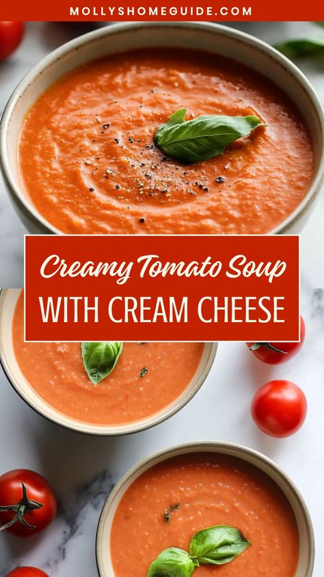 Indulge in a comforting bowl of tomato soup with cream cheese, perfect for cozy evenings or busy weeknights. This creamy and velvety soup is a delicious twist on classic tomato soup, offering a rich and luxurious texture that will warm you up from the inside out. The combination of tangy tomatoes and creamy cream cheese creates a savory flavor profile that will leave your taste buds wanting more. Creamy Tomato Soup With Cream Cheese, Cream Cheese Tomato Soup, Tomato Cheese Soup, Cream Of Tomato Soup Homemade, Cream Of Tomato Soup Recipe, Tomato Soup With Cream Cheese, Cream Cheese Soup, Tomato Cream Soup, Soup With Cream Cheese