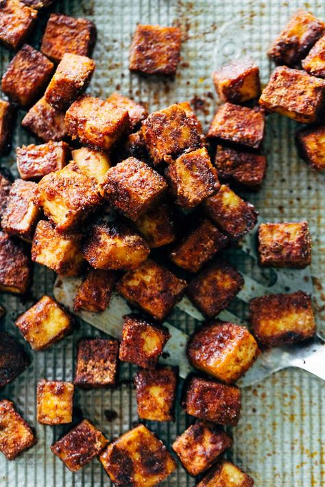 Sheet Pan BBQ Tofu! BBQ-spice-crusted baked tofu that's made in a snap. Serve it in bowls, add it to salads, or eat it straight off the pan! YUM. #vegan #tofu #mealprep | pinchofyum.com Shrimp Fajita Recipe, Spicy Coleslaw, How To Make Bbq, Bbq Tofu, Juicy Shrimp, Fajita Recipe, Baked Tofu, Vegan Meal Prep, Sheet Pan Dinners