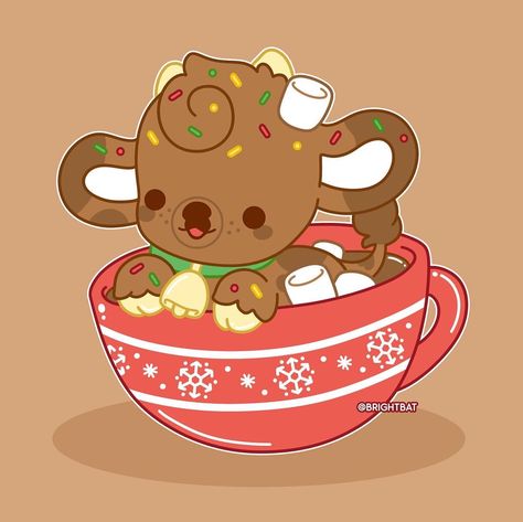 Kylie • BrightBat | The first Winter Cow reveal: Coco the hot chocolate cow! ❤️ She prefers lots of marshmallows and sprinkles, what do you top your hot coco… | Instagram Kawaii Cows, Hot Chocolate Art, Chocolate Cow, Easy Christmas Drawings, Tea Wallpaper, End Of November, Bat Design, Kawaii Christmas, Hot Coco