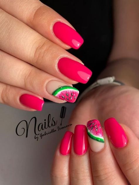 Summer Nails With Watermelon, Nail Art Watermelon, Pink Watermelon Nails, Watermelon Nails Acrylic, Nails With Watermelon, Watermelon Nails Design, Summer Nails Watermelon, Watermelon Manicure, Nails With Fruit