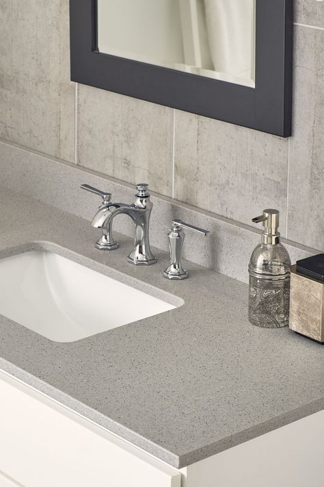 Quartz Vanity Tops Bathroom, Gray Countertops Bathroom Quartz, Dark Grey Quartz Countertops Bathroom, Taupe Bathroom Vanity Marble, Quartz Bathroom Countertops, Schluter Shower, Quartz Bathroom, Marble Bathroom Countertop 67”, Budget Interior Design