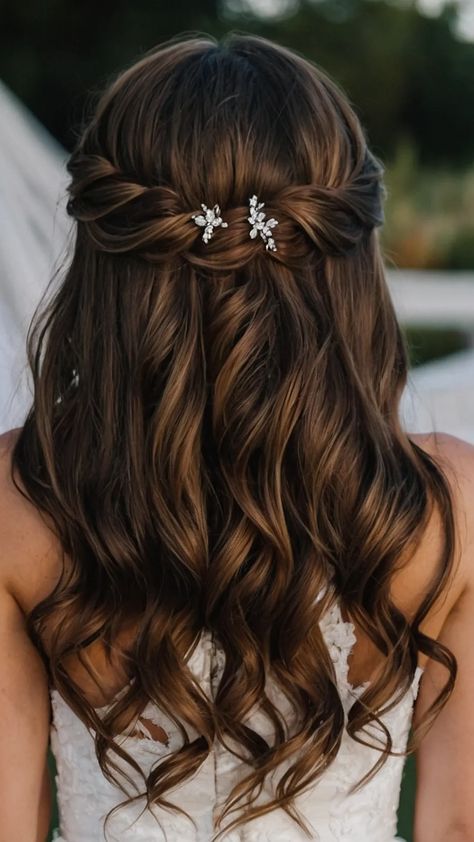 Elevate Your Bridesmaid Game with These 15 Hair Ideas! - Fads Braided Hairstyles For Wedding Bridesmaid Half Up Medium Lengths, Bangs Half Up Half Down Wedding, Party Hair Styles For Medium Length, Bridesmaids Hairstyles Half Up Half Down Medium Shoulder Length, Medium Bridesmaid Hair, Simple Bridesmaid Updo, Simple Half Up Half Down Wedding Hair, Bridesmaid Hair Simple, Half Up Half Down Bridesmaid Hair