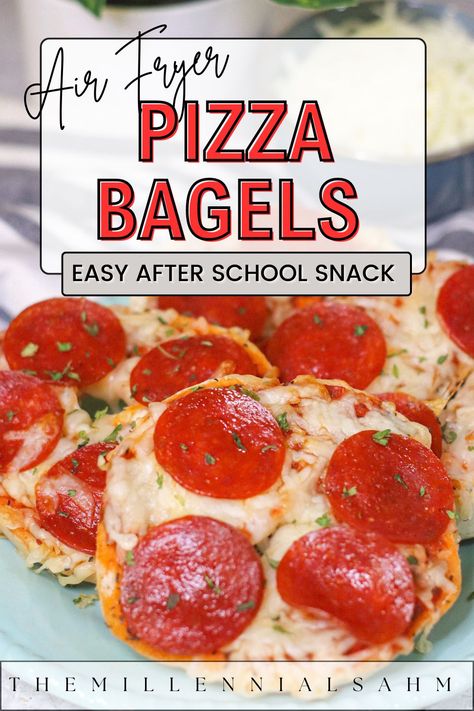 Pizza Bagels Recipe (An Easy Air Fryer Recipe) Pizza Air Fryer, Bagel Pizza Recipe, Air Fryer Easy, Air Fryer Pizza, Toddler Friendly Meals, Bagels Recipe, Plain Bagel, Pizza Bagels, Air Fryer Recipe