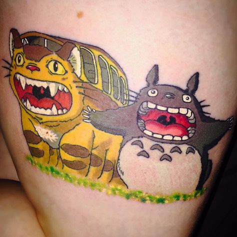 Totoro, Soot Sprites, and Forest Spirits: 40 Enchanting Studio Ghibli Tattoo Ideas Cat Bus Tattoo, Ghibli Tattoo Ideas, Studio Ghibli Tattoo Ideas, Bus Tattoo, Cat Bus Totoro, Kaleidoscope Tattoo, Totoro Soot Sprites, Totoro Tattoo, Ghibli Tattoos