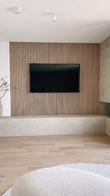 Slat Wall Media Console, Fluted Wood Panel Tv Wall, Acoustic Wall Panels Behind Tv, Slatwall Tv Wall, Slats On Wall Living Rooms, Media Wall Cladding, Wood Panelling Living Rooms, Slatted Media Wall, Slat Wall Tv Ideas