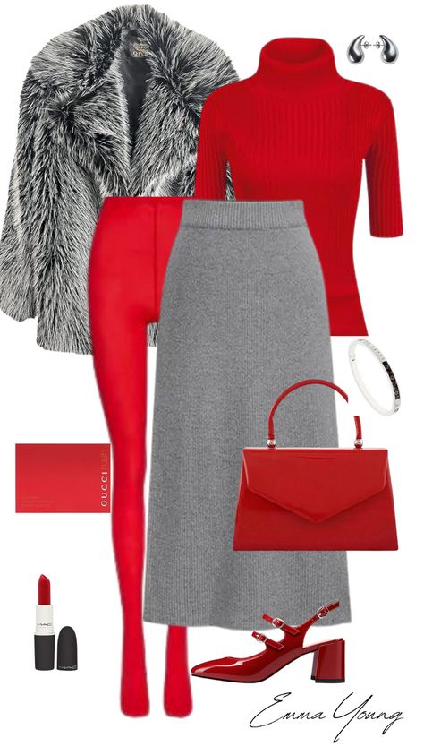 A style board showcasing a red turtleneck, grey midi knit skirt, bright red tights, red mary janes, red bag, red lipstick, and a grey faux fur coat. Red Cardigan Outfit Winter Work, Red And Grey Outfits For Women, Red And Gray Outfit, Red Fall Outfits, Red Bodysuit Outfit, Color Scheme Outfits, Bright Wardrobe, Grey's Anatomy Derek, Red Outfits For Women