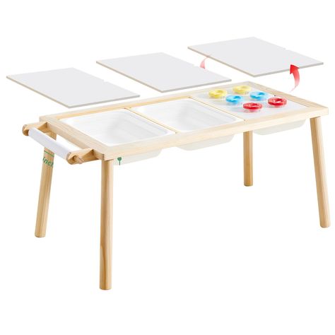 PRICES MAY VARY. 【Multifunctional Kids Table】Our table is not only a sensory table, but a painting table. Double-sided tabletop provides two different functions. One side of the tabletop is blackboard for drawing and writing with chalk, the other side is for reading and playing. Your children will have a happy time. This table is suitable for playroom, daycare and preschool. 【Table Size】42"x22"x20". 3 large bins and 4 tops and 6 paint cups and a roll paper included. You could place the suitable Indoor Sensory Table, Kids Art Table, Paint Cups, Daycare Furniture, Table Drawing, Painting Table, Play Sand, Material Ideas, Montessori Playroom