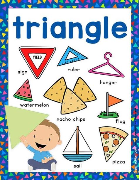 Triangle Anchor Chart Kindergarten, Shapes Chart Preschool Classroom, Shapes Chart For Kindergarten, Shapes Chart For Kids, Triangle Activities For Preschool, 2 D Shapes, Triangle Objects, Chart For Preschool, Triangles Activities