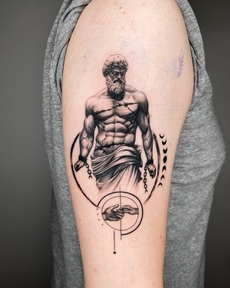 In progress… Looking forward to the next session! . . . #prometheus #prometheustattoo #greekgods #greekgodtattoos #statuetattoo #concepttattoo #tattoodesign #tattoodesigns #tattoodesigner #blackandgraytattoo #blackandgraytattoos #realistictattoo #realistictattoos #realistictattooartist #tattooideas #tattooideen #followfornewupdates #tattooinspiration #tattooing #moreartcomingsoon #tattooartist #thetrendink Prometheus Tattoo, Conceptual Tattoo, Statue Tattoo, Greek Mythology Tattoos, Final Countdown, God Tattoos, Mythology Tattoos, E Tattoo, Greek Gods