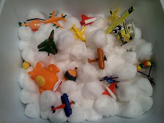 Planes in cotton wool - great fun! Prompt words - fly ,  weeeee!  fast, slow. Sensory Activities For Toddlers, Airplane Activities, Sensory Tubs, Transportation Activities, Community Helpers Theme, Transportation Crafts, Transportation Preschool, Transportation Theme, Pre K Activities