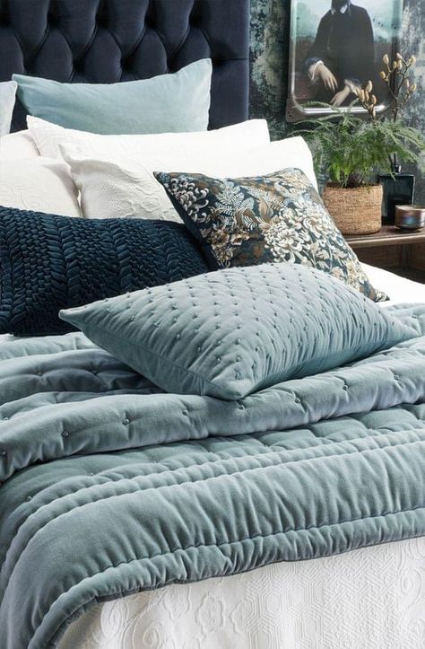 Teal Blue Bedding Ideas, Dusty Blue Comforter Bedroom, Blue Bedspreads And Comforters, Dream Bedding Set, Light Teal Bedding, Blue Comforter Sets Master Bedrooms, Blue Accented Bedroom, Dusty Blue Master Bedrooms Decor, Dark Blue Quilt