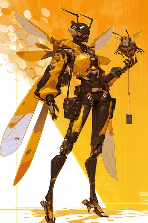 Anthro Bee Character, Animal Robot Concept Art, Bee Armor, Bee Concept Art, Bug Robot, Bee Oc, Bee Character, Queen Bees Art, Character Turnaround