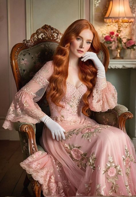 A young woman with long red hair and wearing a flowing pink ... by Андрей Карасёв - Playground Red Hair Princess, Coral Gown, Coquette Dark, Celtic Goddess, Woman Hair, Elegant Black Dress, Long Red Hair, Green Gown, Fancy Rings