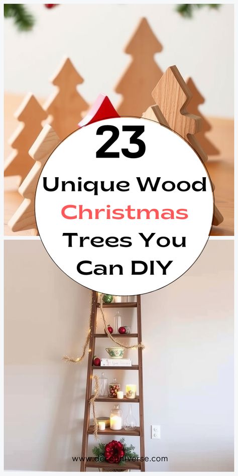 Wood Christmas tree DIY ideas for holiday home decor! Add warmth to your space with these charming projects. (Pin for later!) Wooden Christmas Trees Ornaments, Woodworking Christmas Tree, Wood Christmas Tree Pattern, 1x4 Christmas Tree, Wooden Dowel Christmas Tree, Diy Wooden Christmas Tree Decorations, Homemade Christmas Tree Ideas, Wooden Outdoor Christmas Tree, Wood Slabs Ideas Tree Slices