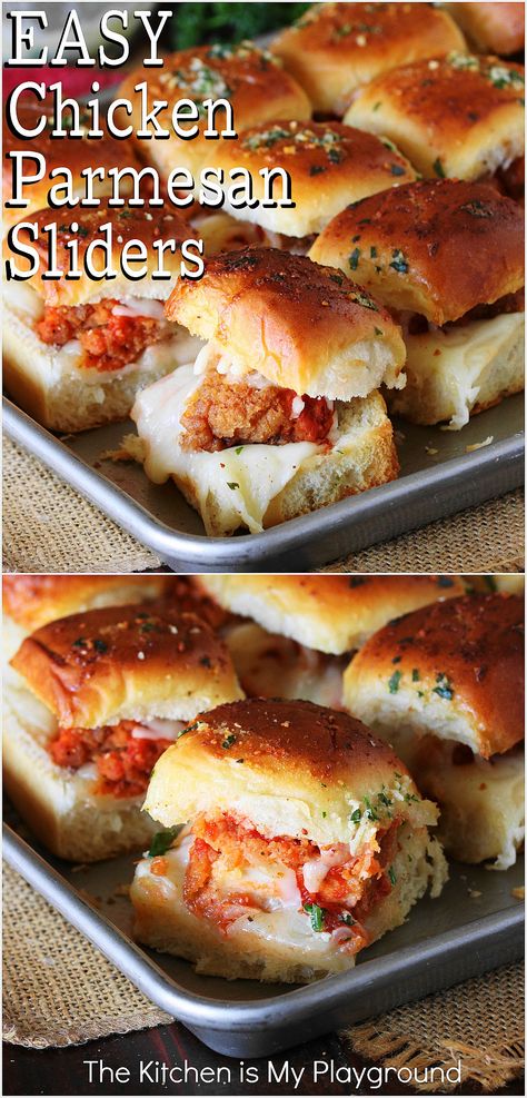 Baking sheet of Chicken Parmesan Sliders Easy Chicken Parm Sliders, Chicken Parmesan Recipe Sandwich, Chicken Parm Sliders Recipes, Mini Chicken Parm Sliders, Chicken Parmigiana Sliders, Chicken Parm Calzone, Breaded Chicken Sliders, Chicken Strip Sliders, Chicken Strip Appetizers