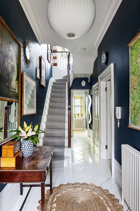 Hallway With Stairs, Traditional Sitting Room, Home With Garden, Painted Floorboards, Blue Hallway, White Hallway, Paving Design, Kentish Town, Victorian Townhouse